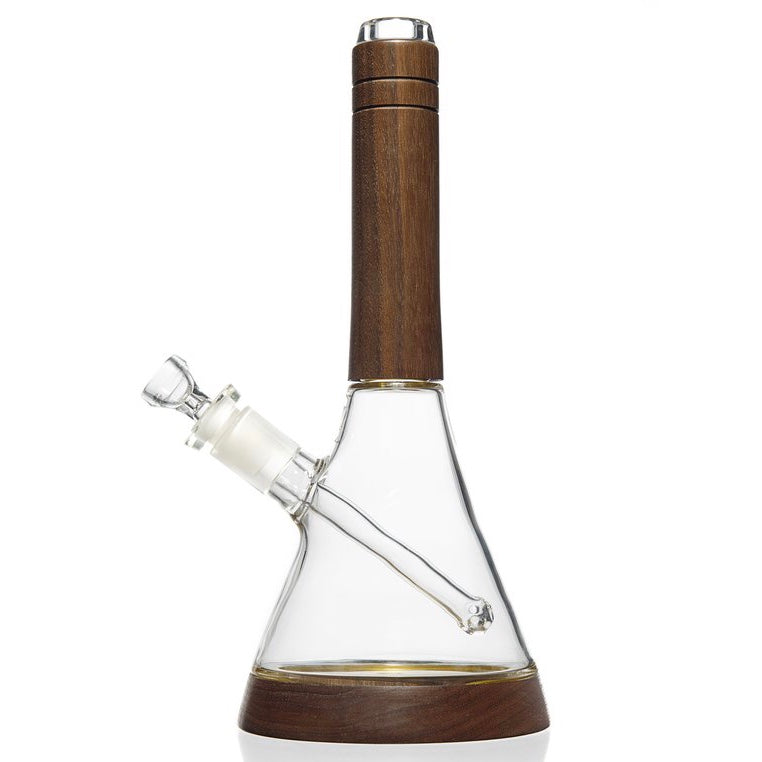a glass flask with a wooden top and a wooden handle