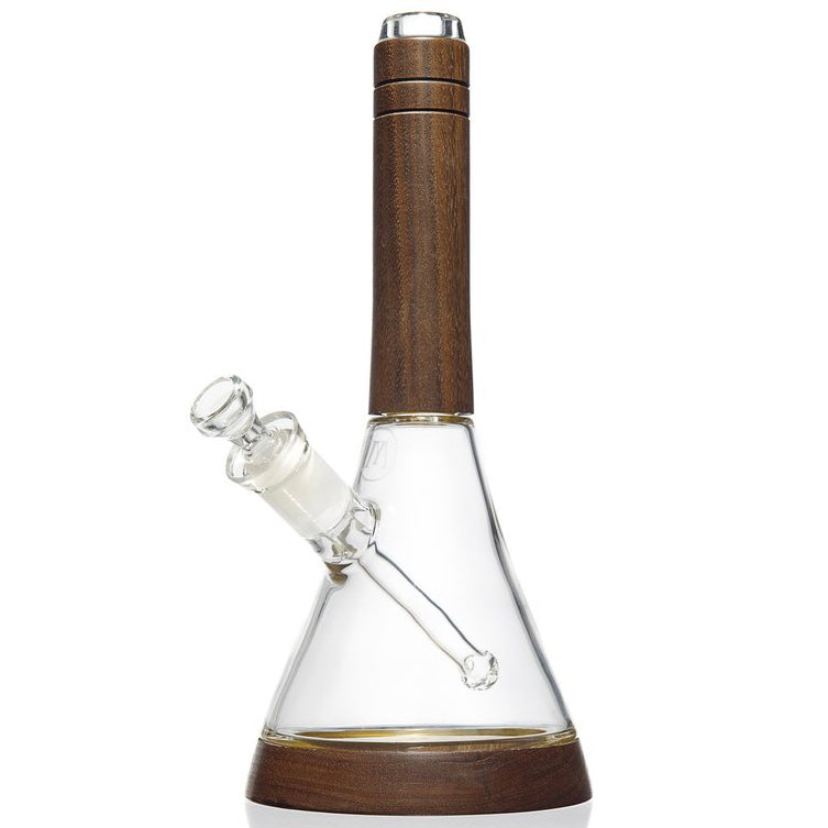 a glass bong with a wooden handle