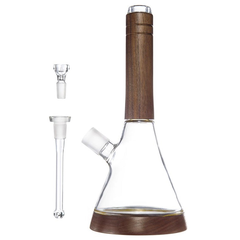 a glass flask with a wooden stopper