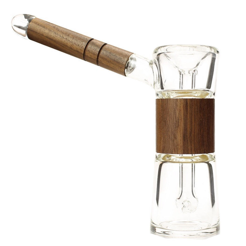 a wooden and glass pepper mill with a wooden handle