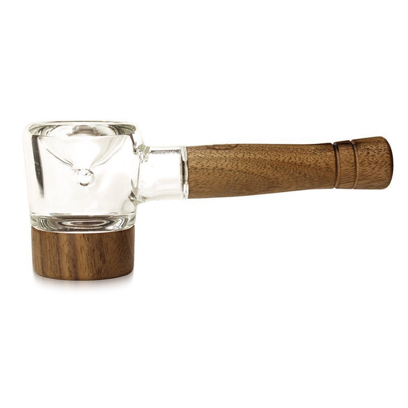 a glass pipe with a wooden handle on a white background