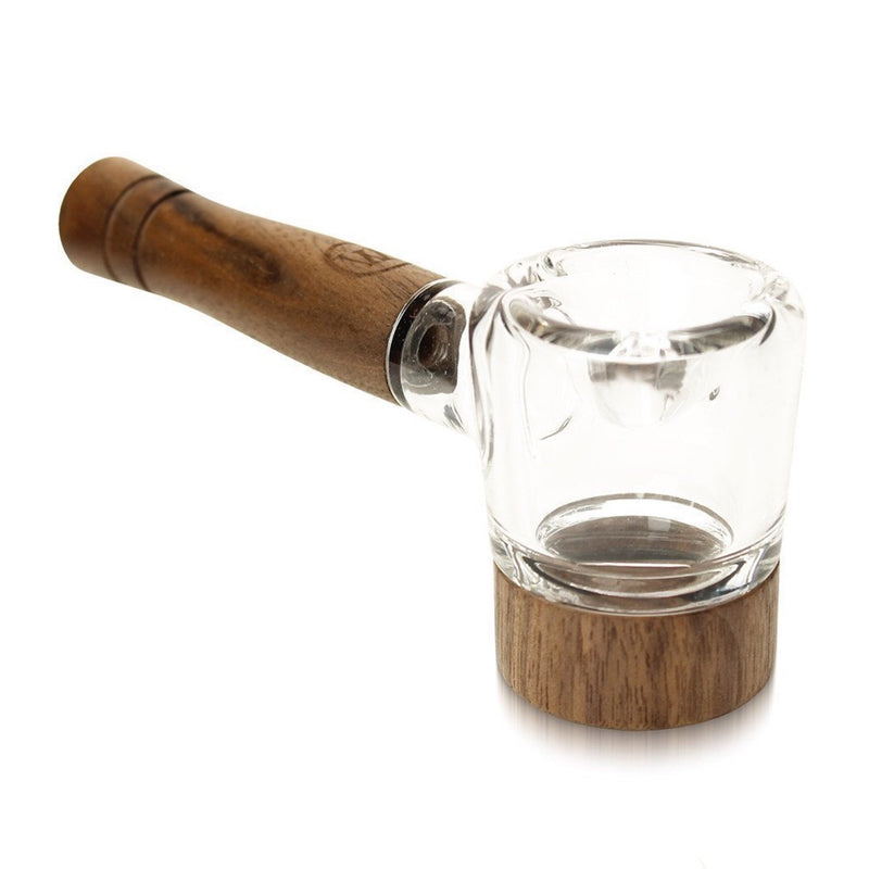 a glass cup with a wooden handle on a white background