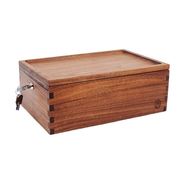 a wooden box with a lock on it
