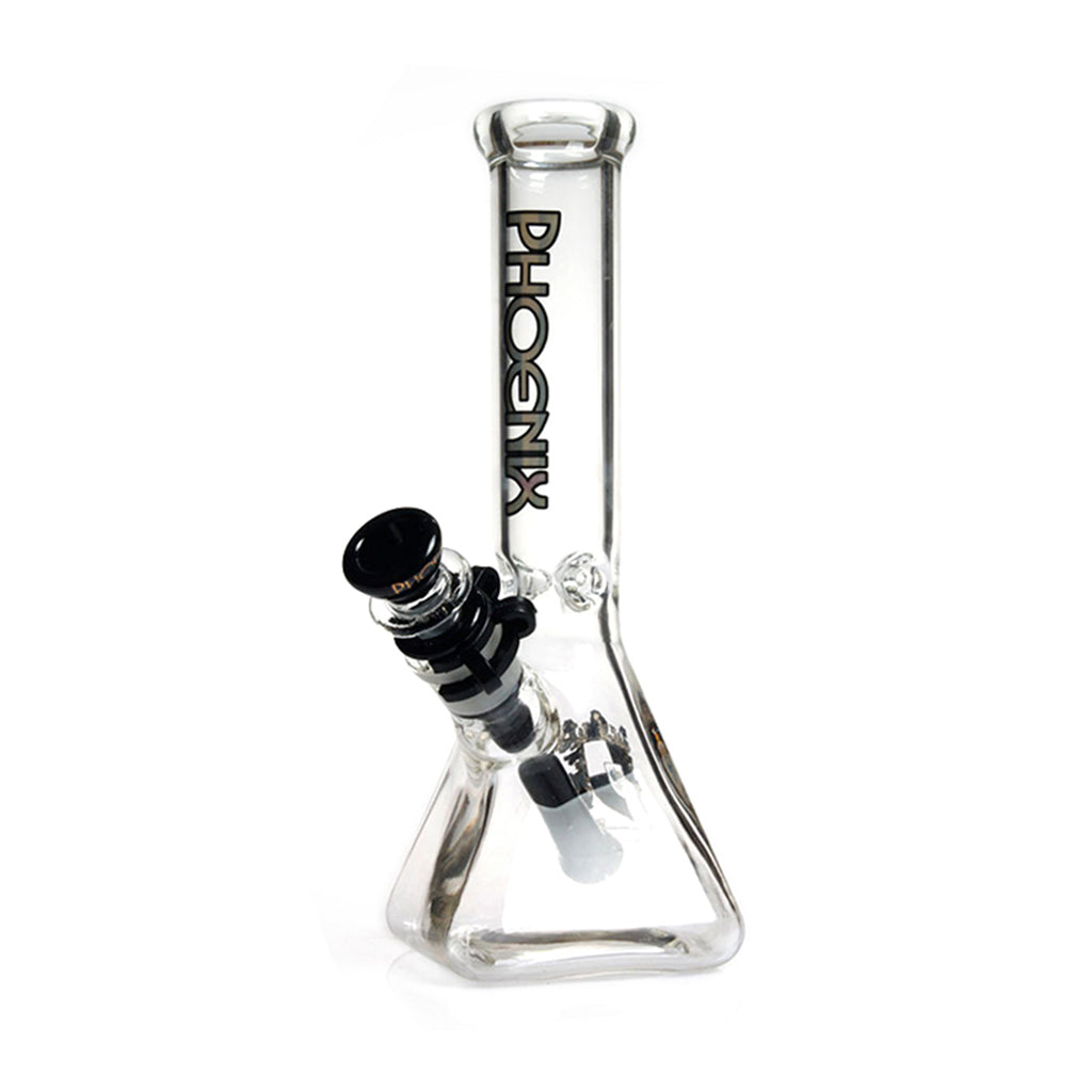 Phoenix Star Square Base 10-Inches Clear Glass Bong with Black Bong Slide, Keck Clips & Downstem At Honeybee Herb