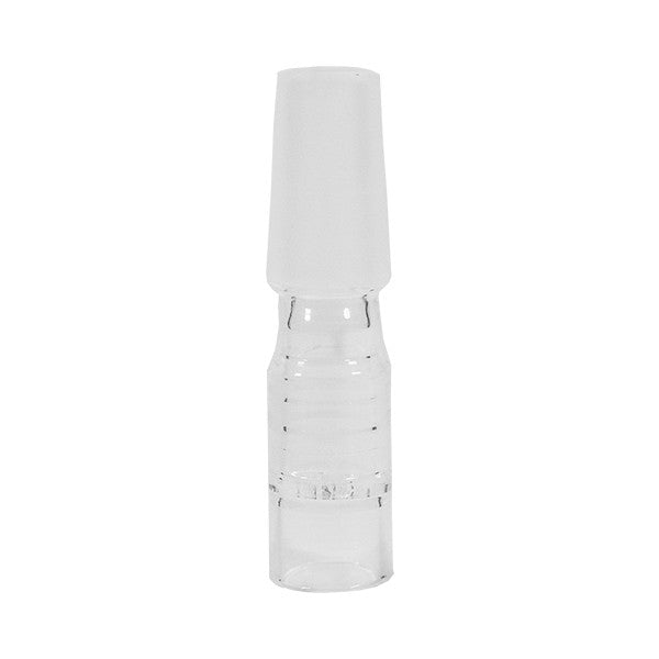 a clear glass bottle with a white cap