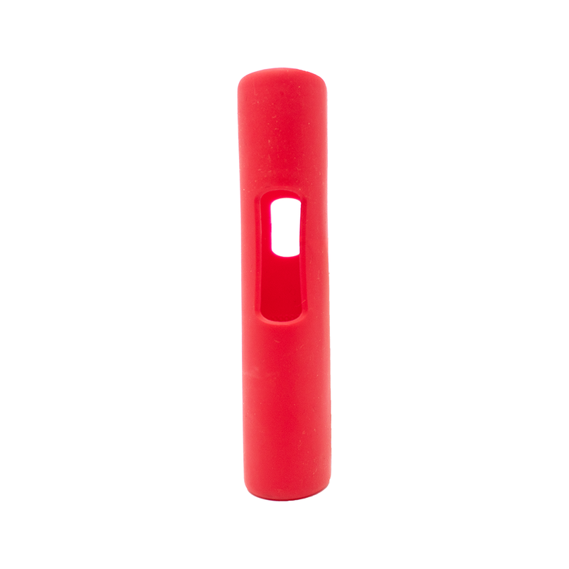 a red plastic tube with a hole in the middle