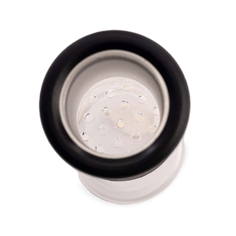 a close up of a white cup with a black lid