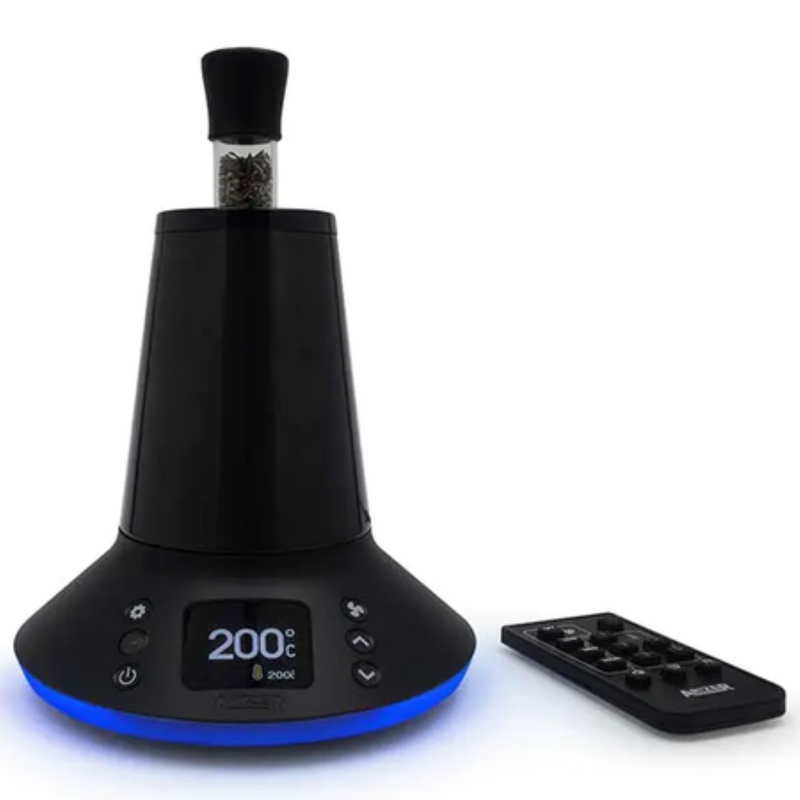 a blue light on top of a black device