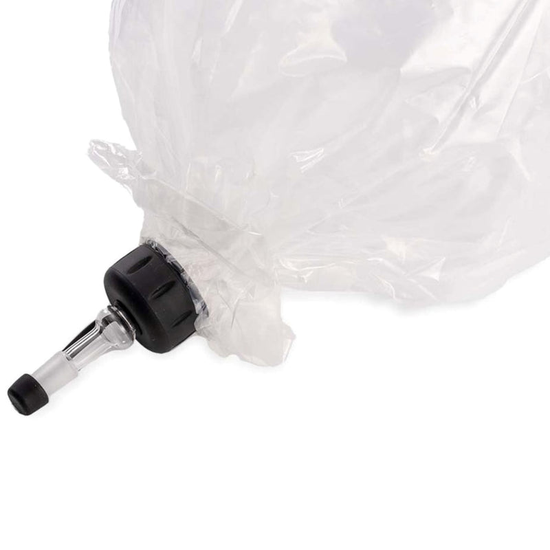 a clear plastic bag with a black handle