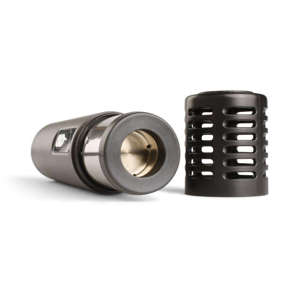 a couple of black and silver items on a white surface