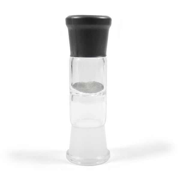 a glass pepper mill with a black top