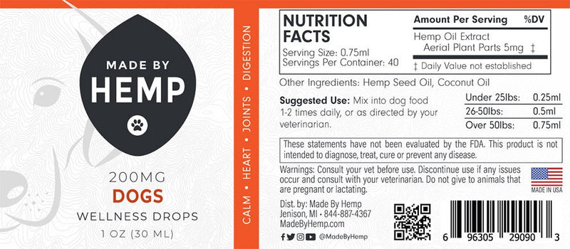 Made by Hemp Wellness Drops for Dogs (1oz, 200-500mg CBD) 🐶