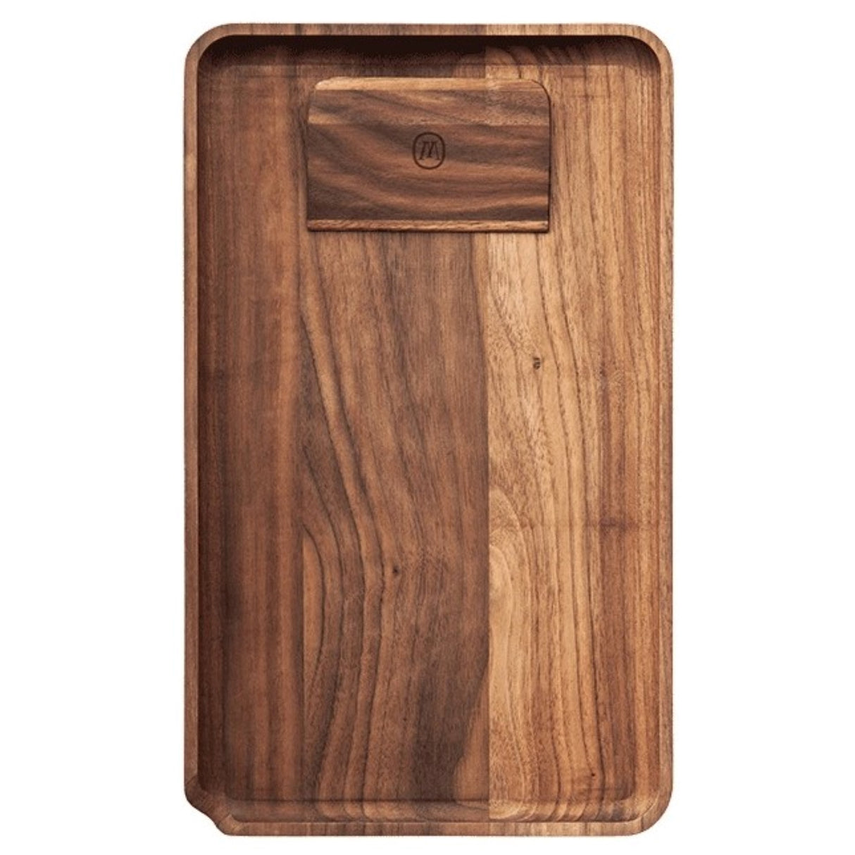 a wooden cutting board on a white background