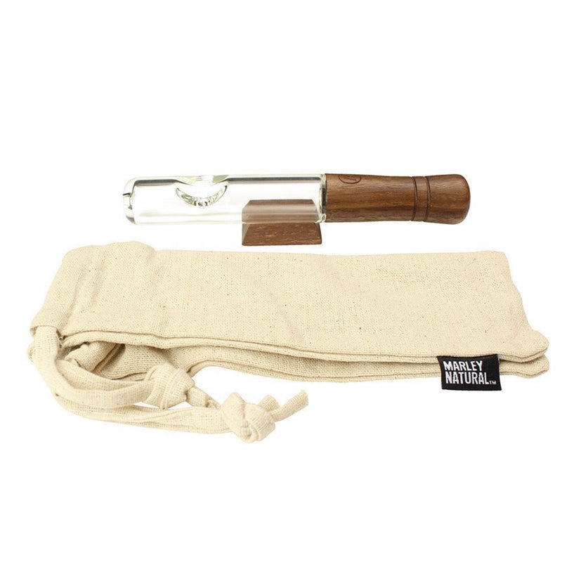 a bag with a wooden handle next to a knife